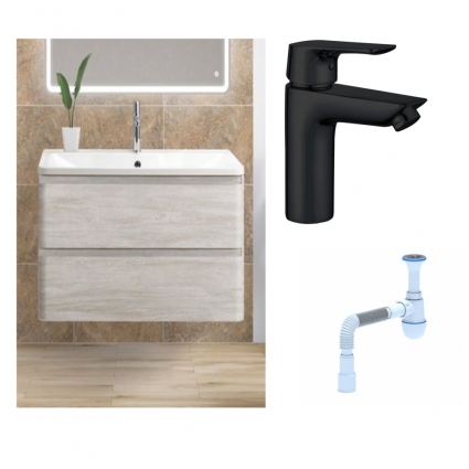 Комплект: Тумба с раковиной BelBagno Albano 90 rovere vintage bianco +  Смеситель Aquanet Static AF330-10B для раковины, чёрный + Сифон АниПласт