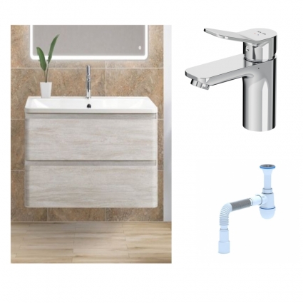 Комплект: Тумба с раковиной BelBagno Albano 90 rovere vintage bianco + Смеситель Am.Pm X-Joy F85A02100 для раковины однорычажный, хром + Сифон АниПласт