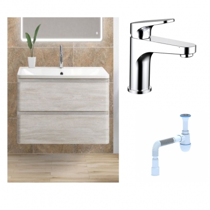 Комплект: Тумба с раковиной BelBagno Albano 90 rovere vintage bianco + Смеситель Bravat Eler F1191238CP-RUS для раковины однорычажный, хром + Сифон АниПласт