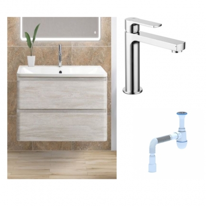 Комплект: Тумба с раковиной BelBagno Albano 90 rovere vintage bianco +  Смеситель Lemark plus Grace LM1537C для раковины однорычажный, хром + Сифон АниПласт