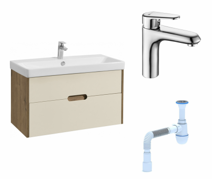 Комплект: Тумба с раковиной Акватон Оливия 90 бежевый/дуб велл + Смеситель Lemark Point LM0306C  Хром + Сифон АниПласт