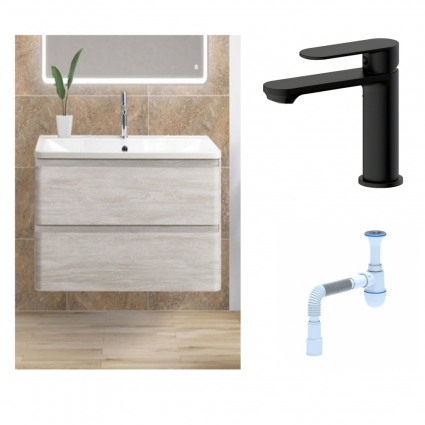 Комплект: Тумба с раковиной BelBagno Albano 100 rovere vintage bianco + Смеситель для раковины Haiba HB10590-7, черный + Сифон АниПласт