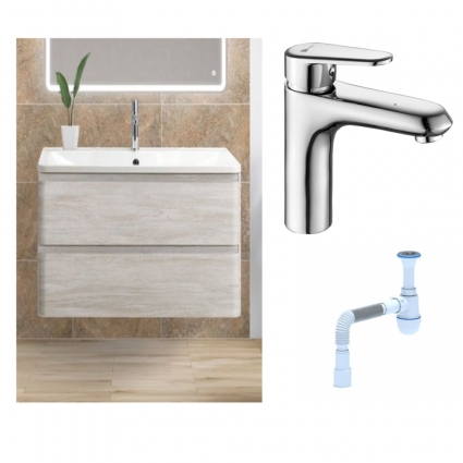 Комплект: Тумба с раковиной BelBagno Albano 100 rovere vintage bianco + Смеситель Lemark Point LM0306C для раковины однорычажный, хром + Сифон АниПласт