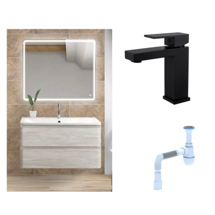 Комплект: Мебель для ванной BelBagno Albano 80 rovere vintage bianco + Смеситель для раковины Haiba HB10803-7, черный + Сифон АниПласт