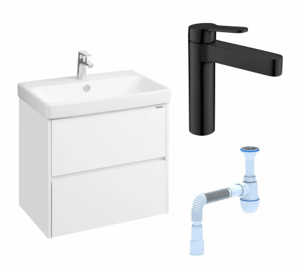 Комплект: Тумба с раковиной Акватон Сканди 70 белый глянец, белый матовый + Смеситель BelBagno Delta DEL-LVM-NERO черный + Сифон АниПласт