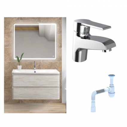 Комплект: Мебель для ванной BelBagno Albano 80 rovere vintage bianco + Смеситель Agger Right A2902100 для раковины однорычажный, хром + Сифон АниПласт