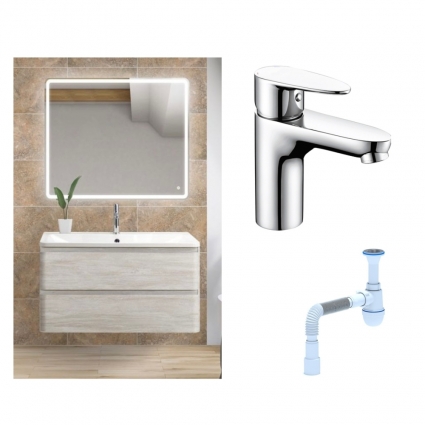 Комплект: Мебель для ванной BelBagno Albano 80 rovere vintage bianco + Смеситель Wasserkraft Leine 3503 для раковины однорычажный, хром + Сифон АниПласт