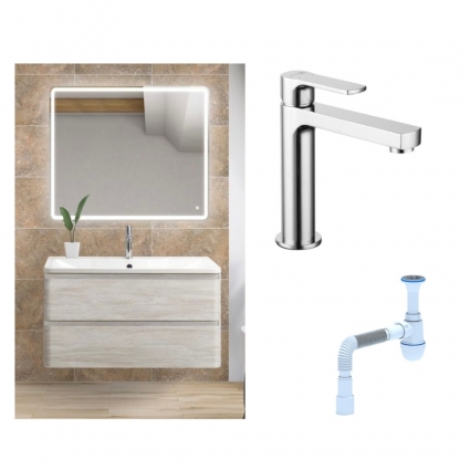 Комплект: Мебель для ванной BelBagno Albano 80 rovere vintage bianco + Смеситель Lemark plus Grace LM1537C для раковины однорычажный, хром + Сифон АниПласт