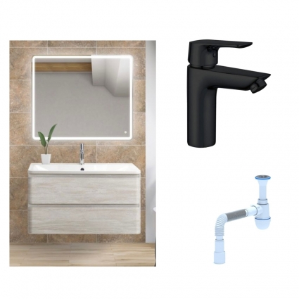 Комплект: Мебель для ванной BelBagno Albano 90 rovere vintage bianco + Смеситель Aquanet Static AF330-10B для раковины, чёрный + Сифон АниПласт