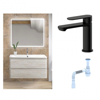 Комплект: Мебель для ванной BelBagno Albano 90 rovere vintage bianco + Смеситель для раковины Haiba HB10590-7, черный + Сифон АниПласт