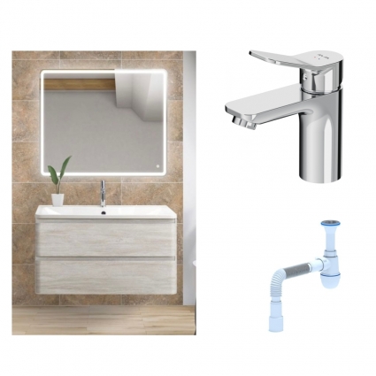 Комплект: Мебель для ванной BelBagno Albano 90 rovere vintage bianco + Смеситель Am.Pm X-Joy F85A02100 для раковины однорычажный, хром + Сифон АниПласт