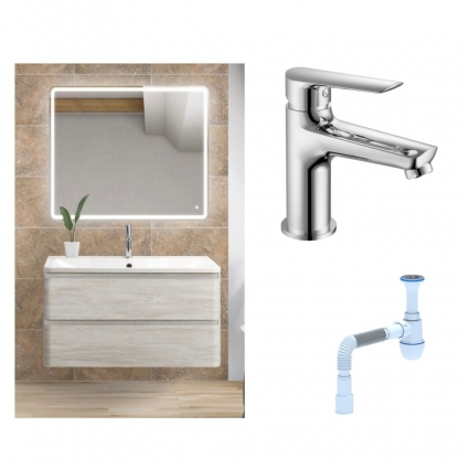 Комплект: Мебель для ванной BelBagno Albano 90 rovere vintage bianco + Смеситель для раковины Haiba HB10198, хром + Сифон АниПласт