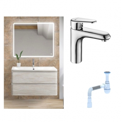 Комплект: Мебель для ванной BelBagno Albano 90 rovere vintage bianco + Смеситель Lemark Point LM0306C для раковины однорычажный, хром + Сифон АниПласт