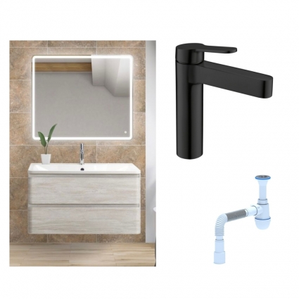 Комплект: Мебель для ванной BelBagno Albano 100 rovere vintage bianco + Смеситель для раковины BelBagno Delta DEL-LVM-NERO однорычажный, черный + Сифон АниПласт