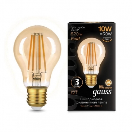 Лампа cветодиодная филаментная Gauss E27 10W 2400K прозрачная 102802010 цвет янтарный