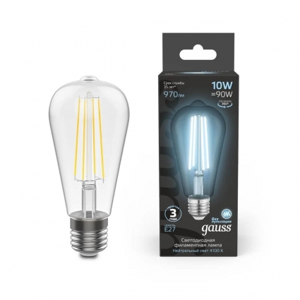 Лампа cветодиодная филаментная Gauss E27 10W 4100K прозрачная 157802210 цвет прозрачный