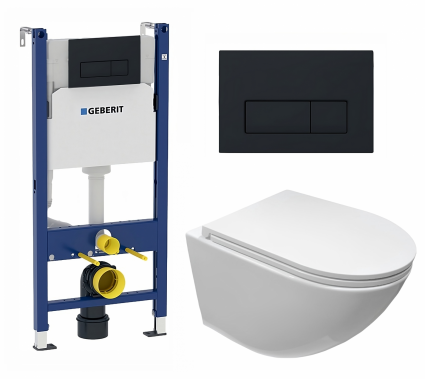 Комплект 3 в 1 инсталляция Geberit Duofix +  Подвесной безободковый унитаз CeruttiSpa Sella aria CT7183 + кнопка черная матовая