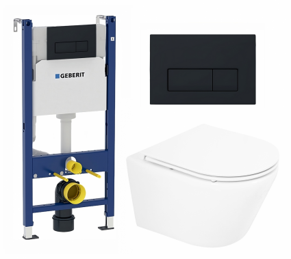 Комплект 3 в 1 инсталляция Geberit Duofix + Унитаз подвесной BelBagno Tre BB8001CHR/SC + кнопка черная матовая