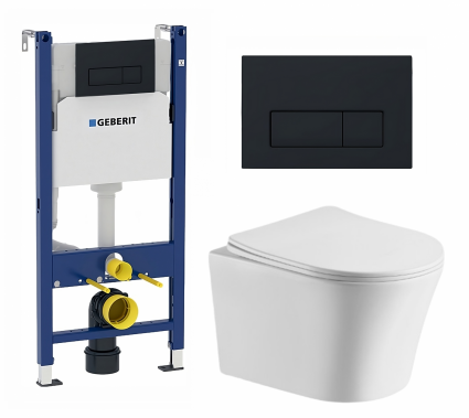 Комплект 3 в 1 инсталляция Geberit Duofix +  Подвесной унитаз CeruttiSpa Adige Aria CT7837 + кнопка черная матовая