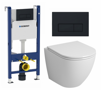 Комплект 3 в 1 инсталляция Geberit Duofix + Унитаз подвесной Grossman GR-4455S + кнопка черная матовая