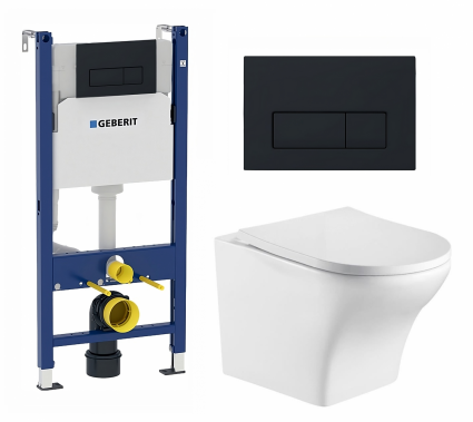 Комплект 3 в 1 инсталляция Geberit Duofix + Подвесной унитаз WeltWasser Odenbach 004 GL-WT + кнопка черная матовая