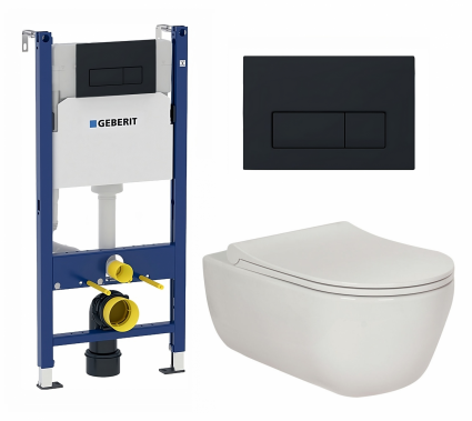 Комплект 3 в 1 инсталляция Geberit Duofix + Унитаз подвесной Berges Wasserhaus Ego XL 082118 + кнопка черная матовая