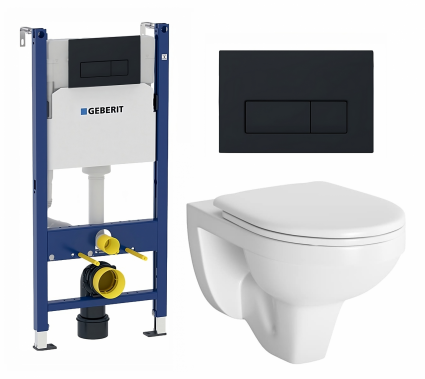 Комплект 3 в 1 инсталляция Geberit Duofix + Унитаз подвесной Berges Wasserhaus Gamma 081105 + кнопка черная матовая