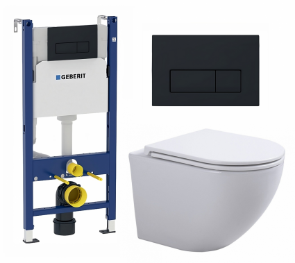 Комплект 3 в 1 инсталляция Geberit Duofix + Подвесной унитаз SinteSi EVI + кнопка черная матовая