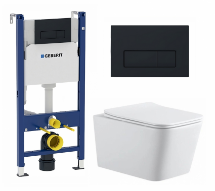 Комплект 3 в 1 инсталляция Geberit Duofix + Подвесной унитаз SinteSi BALTI + кнопка черная матовая