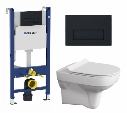Комплект 3 в 1 инсталляция Geberit Duofix + Унитаз подвесной Cersanit City + кнопка черная матовая