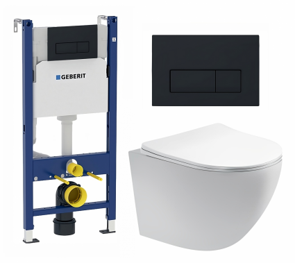 Комплект 3 в 1 инсталляция Geberit Duofix + Унитаз подвесной Акватек Европа AQ1900-00 + кнопка черная матовая
