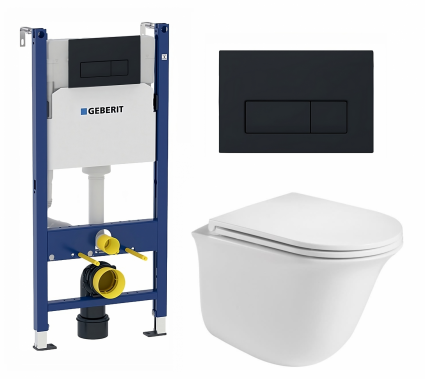 Комплект 3 в 1 инсталляция Geberit Duofix + Подвесной унитаз WeltWasser Telbach 004 GL-WT + кнопка черная матовая