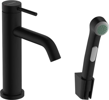 Смеситель для раковины Hansgrohe Tecturis S 110 73211670 с гигиеническим душем, матовый черный, однорычажный, длина излива 11.6 см