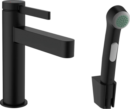 Смеситель для раковины Hansgrohe Finoris 110 76210670 с гигиеническим душем, матовый черный, однорычажный, длина излива 13.9 см