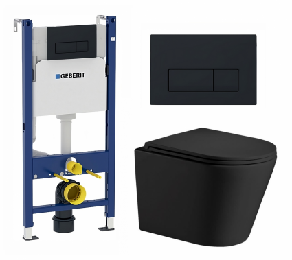 Комплект 3 в 1 инсталляция Geberit Duofix + Подвесной унитаз WeltWasser Salzbach 043 MT-BL + кнопка черная матовая