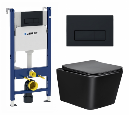 Комплект 3 в 1 инсталляция Geberit Duofix + Унитаз Vincea Q-Line VT1-12MB + кнопка черная матовая