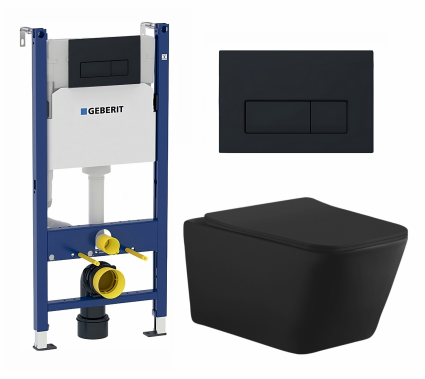 Комплект 3 в 1 инсталляция Geberit Duofix + Унитаз подвесной Aquanet Tavr-W BW 287011 + кнопка черная матовая