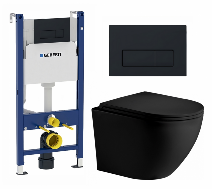 Комплект 3 в 1 инсталляция Geberit Duofix + Унитаз подвесной Weltwasser WW Merzbach 043 MT-BL + кнопка черная матовая