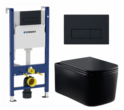 Комплект 3 в 1 инсталляция Geberit Duofix + Унитаз Vincea Ultra Rimless VT1-32MB + кнопка черная матовая
