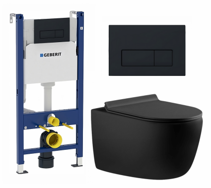 Комплект 3 в 1 инсталляция Geberit Duofix + Унитаз подвесной Aquanet Cetus-BW 287008 + кнопка черная матовая