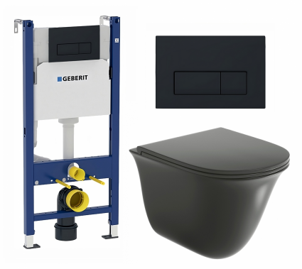 Комплект 3 в 1 инсталляция Geberit Duofix + Унитаз подвесной Grossman GR-4412BMS + кнопка черная матовая