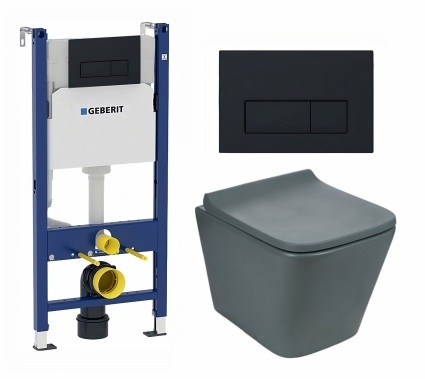 Комплект 3 в 1 инсталляция Geberit Duofix + Унитаз подвесной Weltwasser WW SK Gelbach 041 MT-GR + кнопка черная матовая
