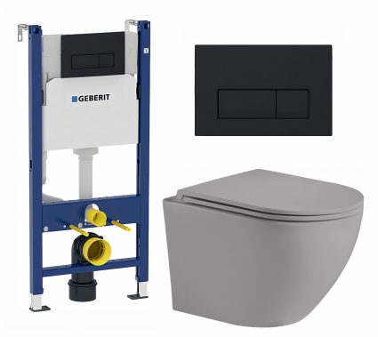 Комплект 3 в 1 инсталляция Geberit Duofix + Унитаз подвесной Weltwasser WW Merzbach 043 MT-GR + кнопка черная матовая