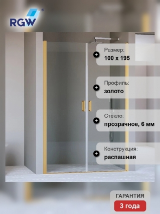 Душевая дверь в нишу RGW Passage PA-104-Gb 100 см, профиль золотой, стекло прозрачное, распашная