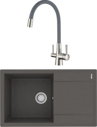Комплект Мойка кухонная Lemark Imandra 840 9910035 серый шелк + Смеситель Comfort LM3075BN с гибким изливом, никель, серый, матовая, прямоугольная