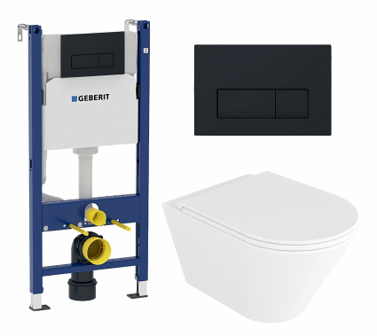 Комплект 3 в 1 инсталляция Geberit Duofix + Унитаз подвесной Enio Cento EN4280110 + кнопка черная матовая