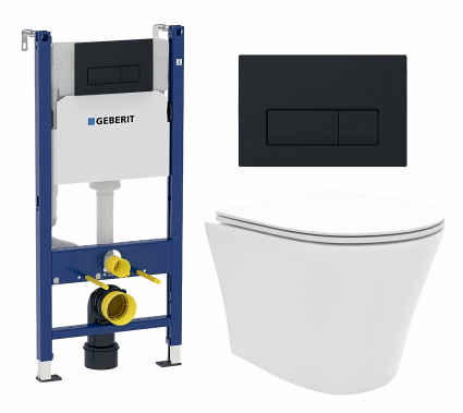 Комплект 3 в 1 инсталляция Geberit Duofix + Унитаз подвесной Enio Neo EN5370588 + кнопка черная матовая