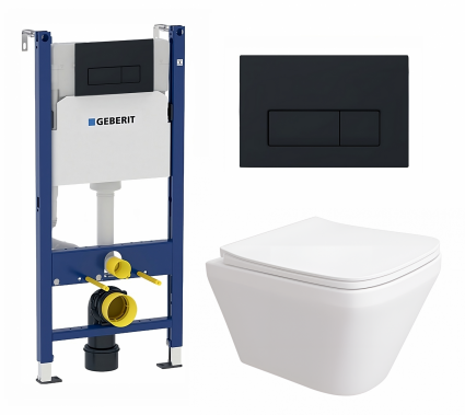 Комплект 3 в 1 инсталляция Geberit Duofix + Унитаз подвесной Enio Vicino EN9170544 + кнопка черная матовая