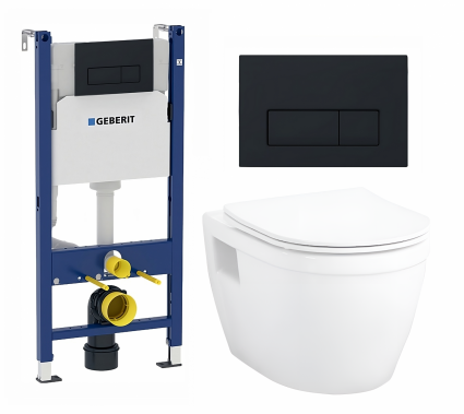 Комплект 3 в 1 инсталляция Geberit Duofix + Унитаз подвесной Enio Bolo EN8350034 + кнопка черная матовая
