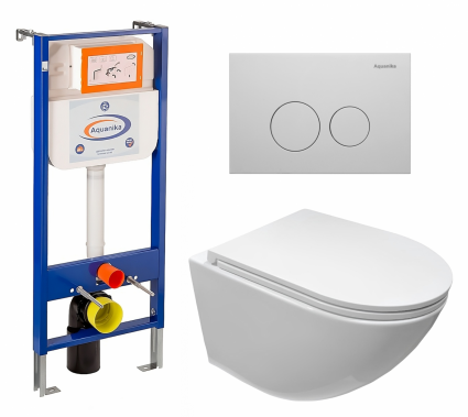 Комплект 3 в 1 инсталляция Enio Aquanika + Подвесной безободковый унитаз CeruttiSpa Sella aria CT7183 + кнопка белая круглая